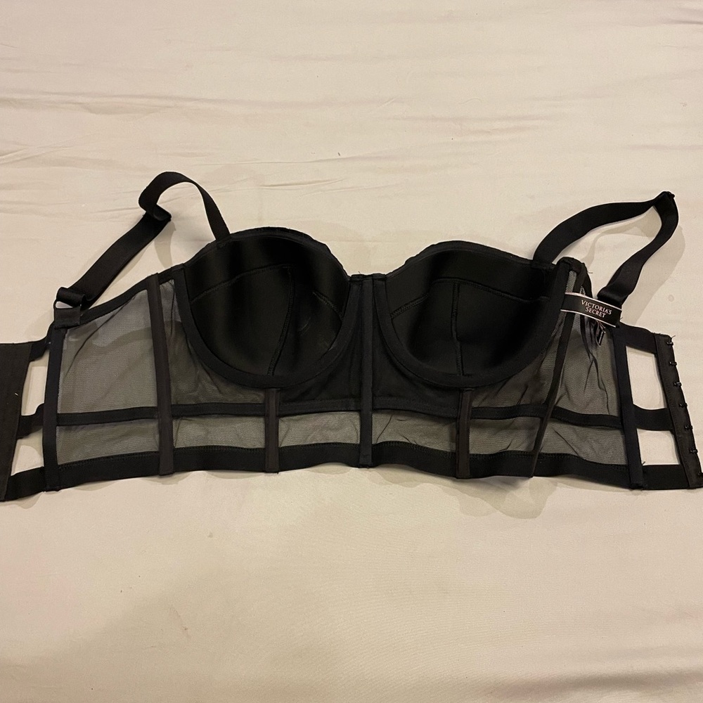 NWOT Victoria’s Secret longline balconette/corset bra in black satin.